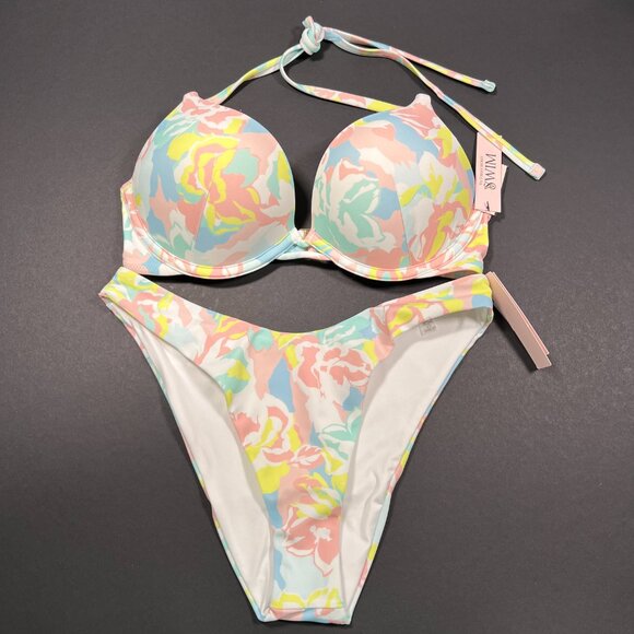 Victoria Secret 32C S Bombshell Push Up Bikini Brazilian Set Blue Pink Pastel - Picture 2 of 11